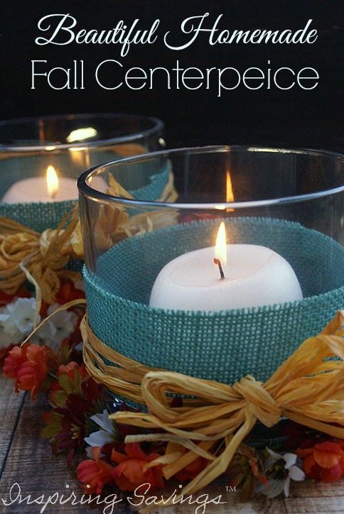 A beautiful homemade Fall centerpiece is the perfect way to celebrate the season and any DIYer's dream. Make a beautiful fall centerpiece for your home. Using colored burlap, glass candle holder and round candles your tablescape will be ready. #candle #decor #falldecor #burlap
