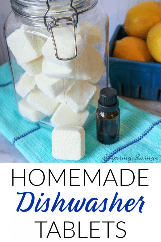 Homemade Dishwasher Tablets in jar on table with blue towel