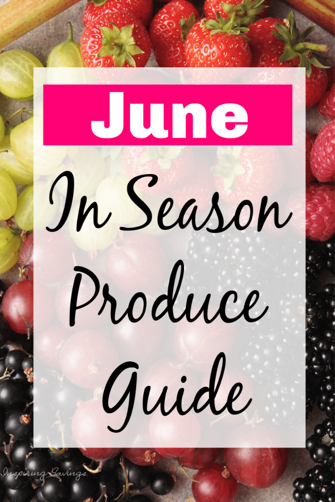 Seasonal June Berries on cutting board with text overlay - In Season Produce Guide