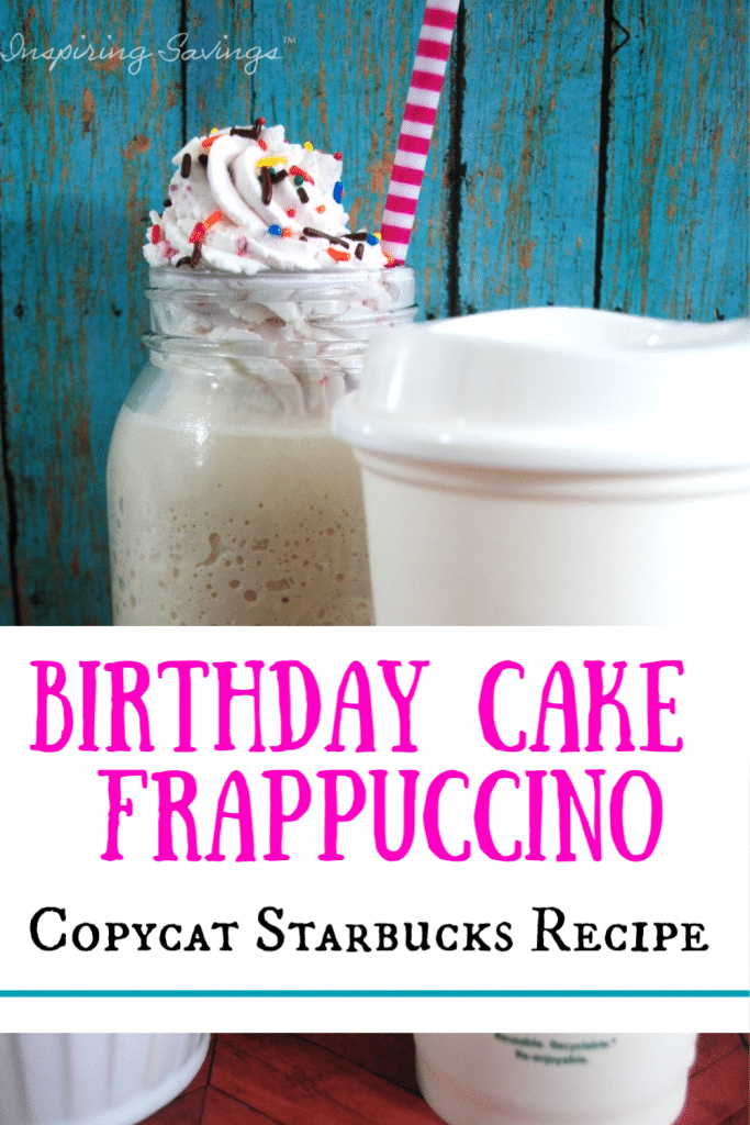 Starbucks copycat birthday cat frap drink with whipped topping, sprinkles and a straw