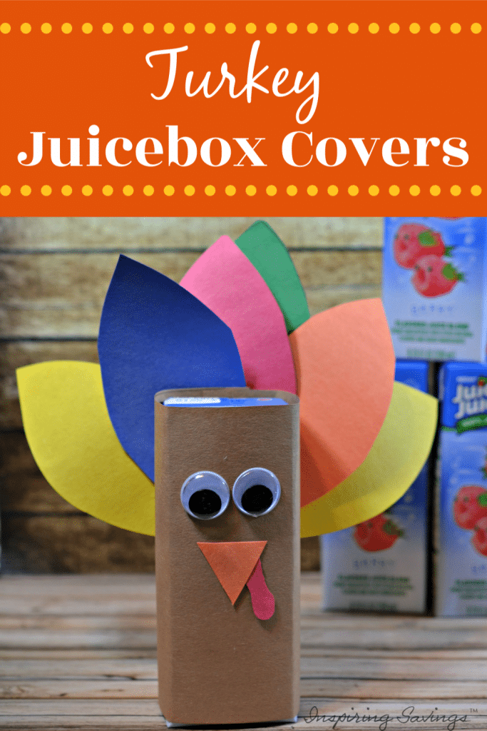 Turkey Juice Box Covers  pictured with text overlay "Turkey craft Thanksgiving Juice Box Covers"