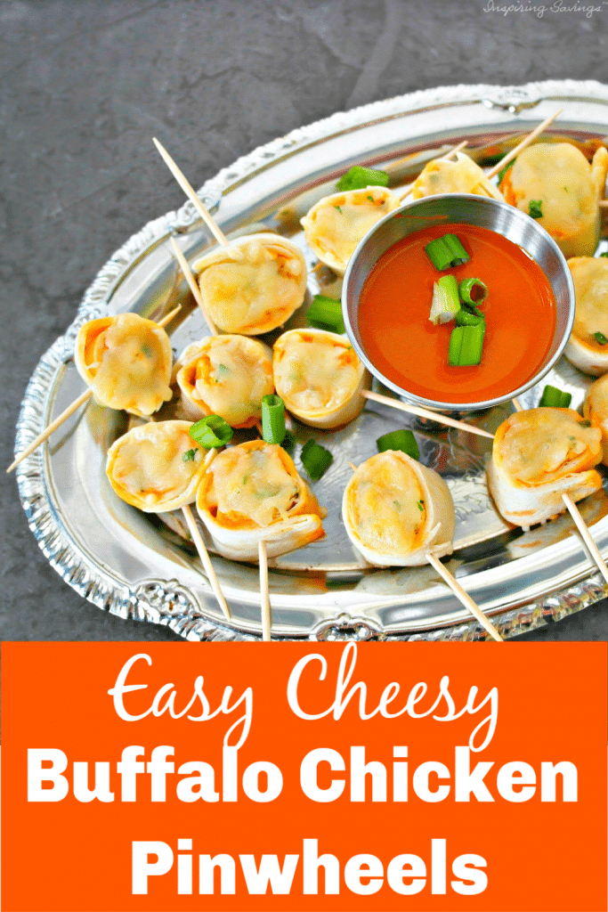 Buffalo Chicken Pinwheels on silver platter - Looking for a buffalo chicken appetizer? This Easy Cheesy Buffalo Chicken Pinwheels is perfect for a  party, barbecue, game day or large gathering appetizer. Warm, creamy, delicious and loaded with buffalo wing flavor.