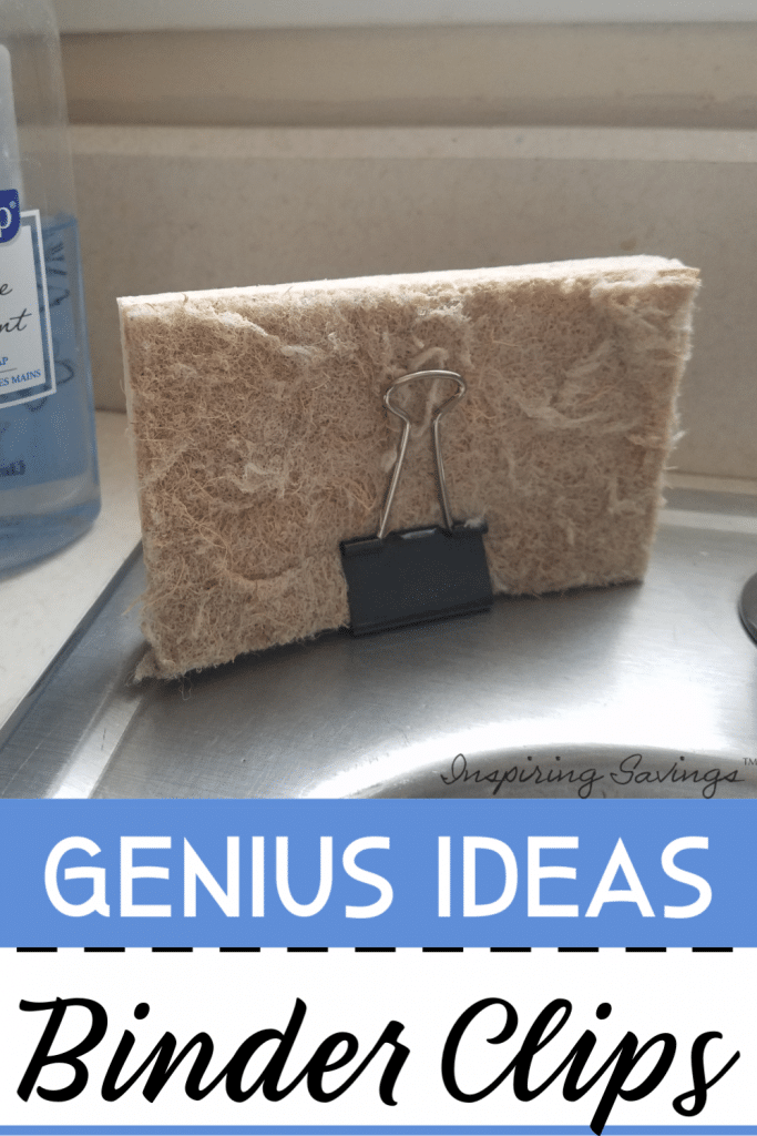 Genius Ideas for Binder Clips - pictured sponge being held up with binder clip to air dry