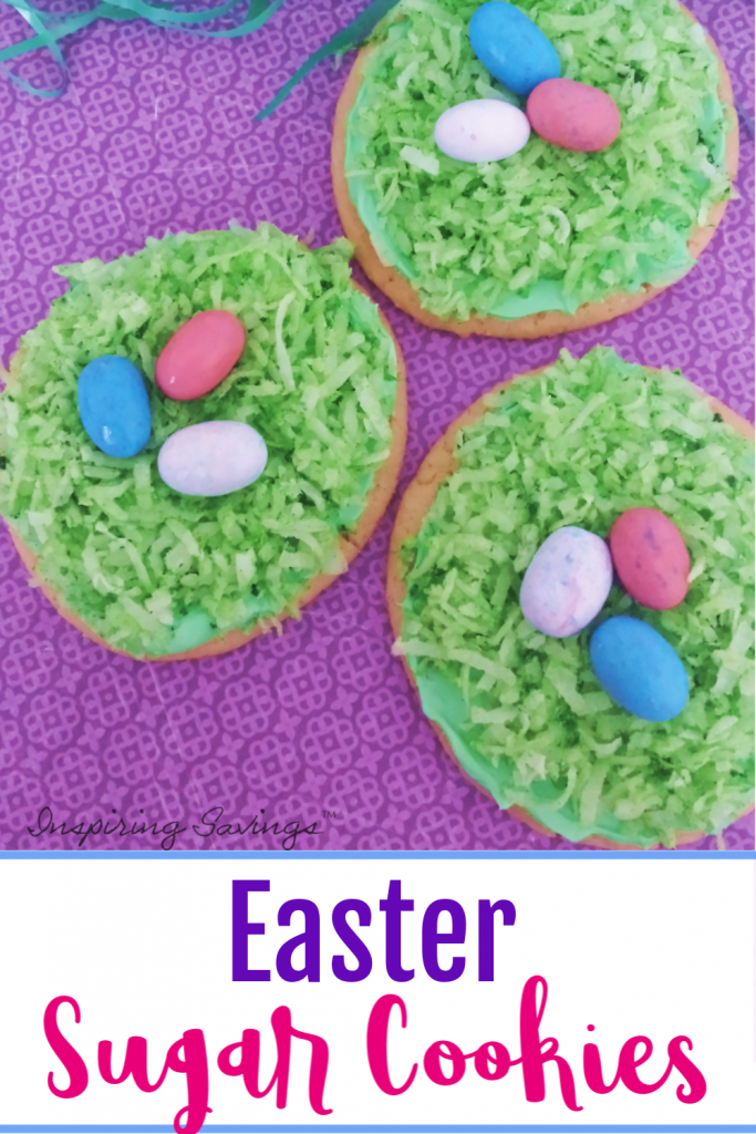 Decorated Easter Cookies on Purple Back drop. With Text over lay "Easter Sugar Cookies"