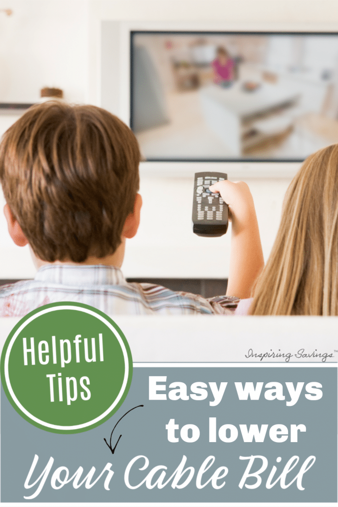 couple watching tv with remote control on hand. - text overlay easy ways to lower your cable bill