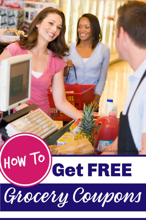 How To Get Free Grocery Coupons - pictured woman at grocery tore checking out.