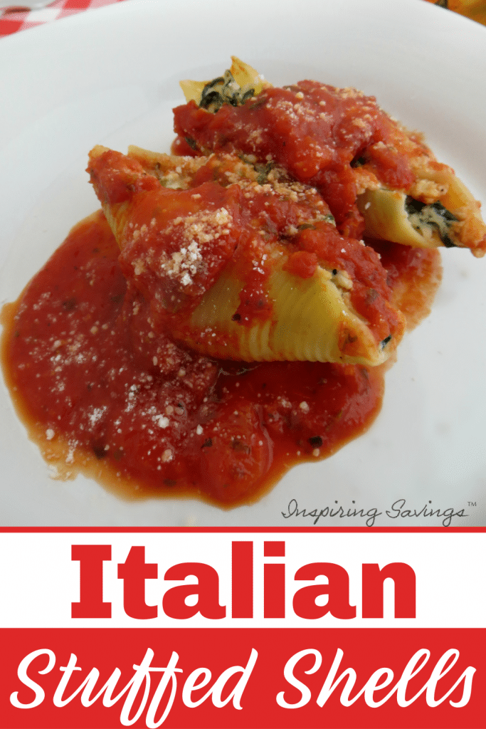 Italian Stuffed Shells on white plate with text overlay - Italian Stuffed Shells