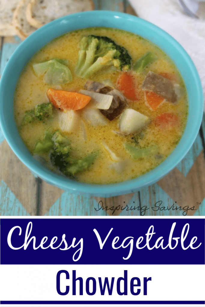 Cheesy Vegetable Soup in blue bowl