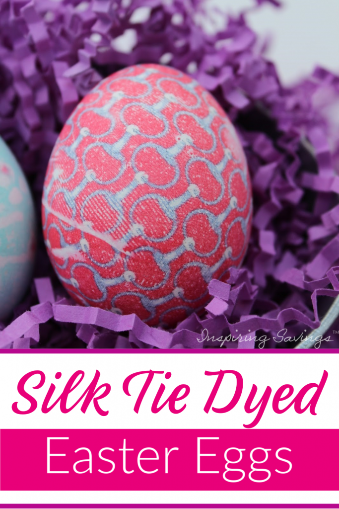 Silk tie-dyed Easter eggs - pictured red and blue silk dyed egg in purple basket filling