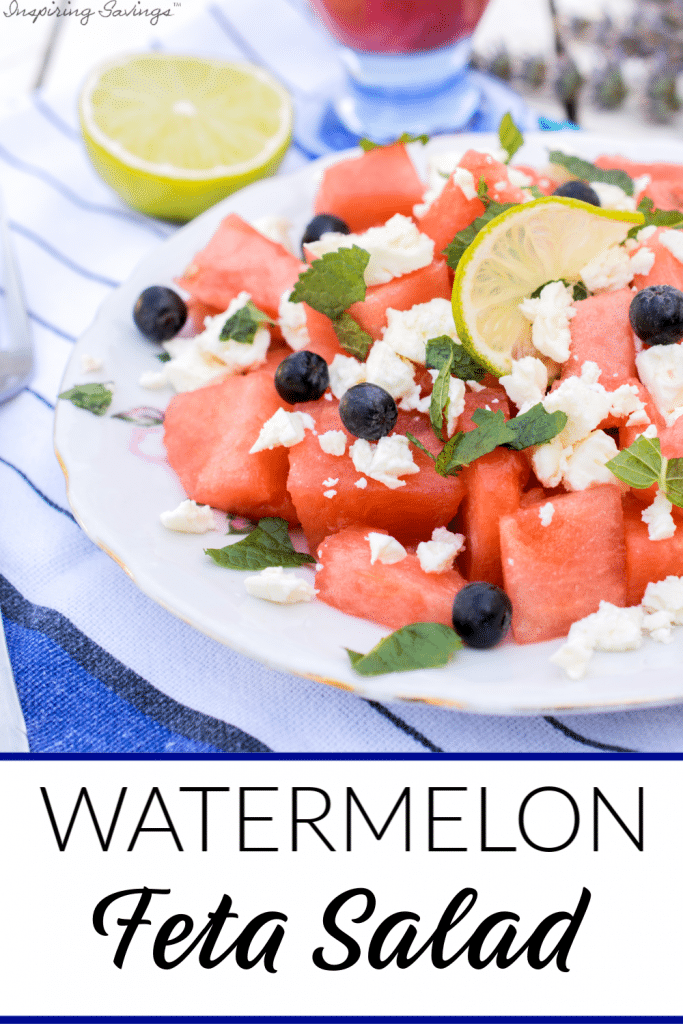 Watermelon Feta Salad in white serving dish- Easy Side Dish