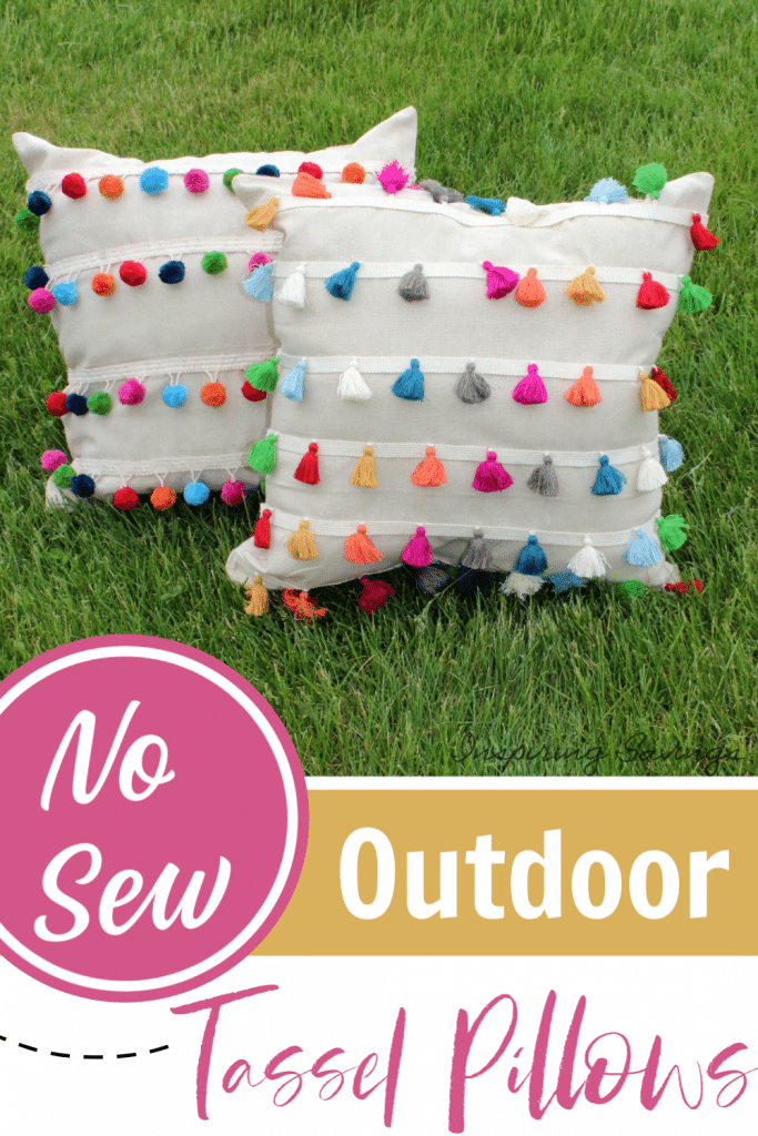 No Sew outdoor tassel pillows on grass