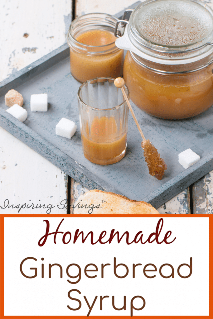 Homemade Gingerbread Syrup on tray table with cubes of sugar