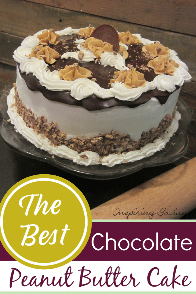 Chocolate Peanut Butter Cake on cake stand with rolling pin