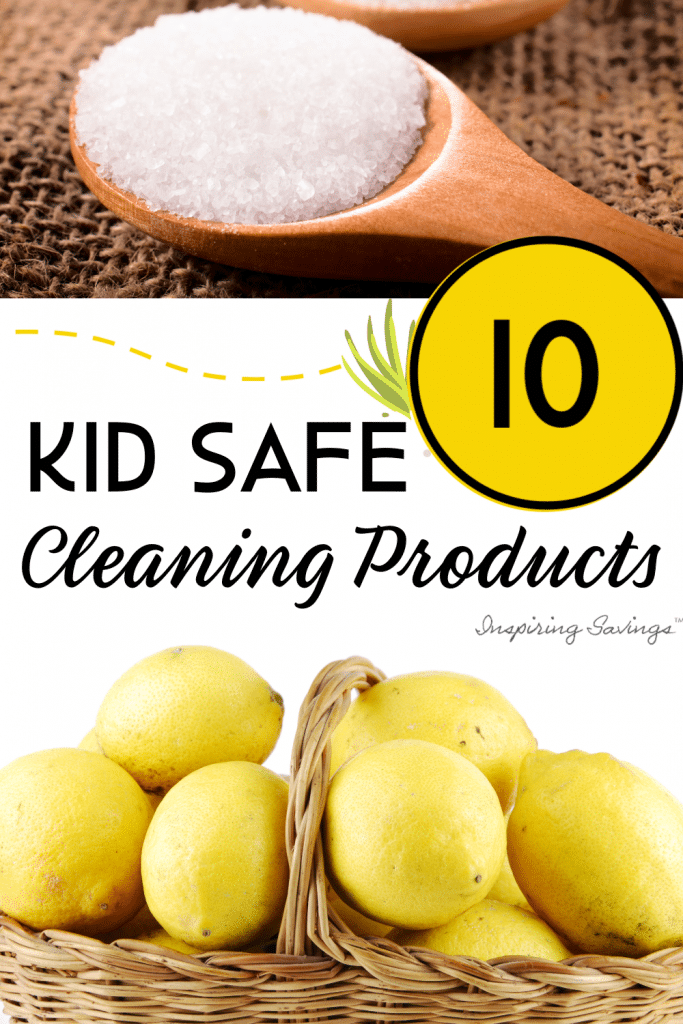 10 safe cleaning products for kids text overlay with spoon filled with salt and lemons in a basket