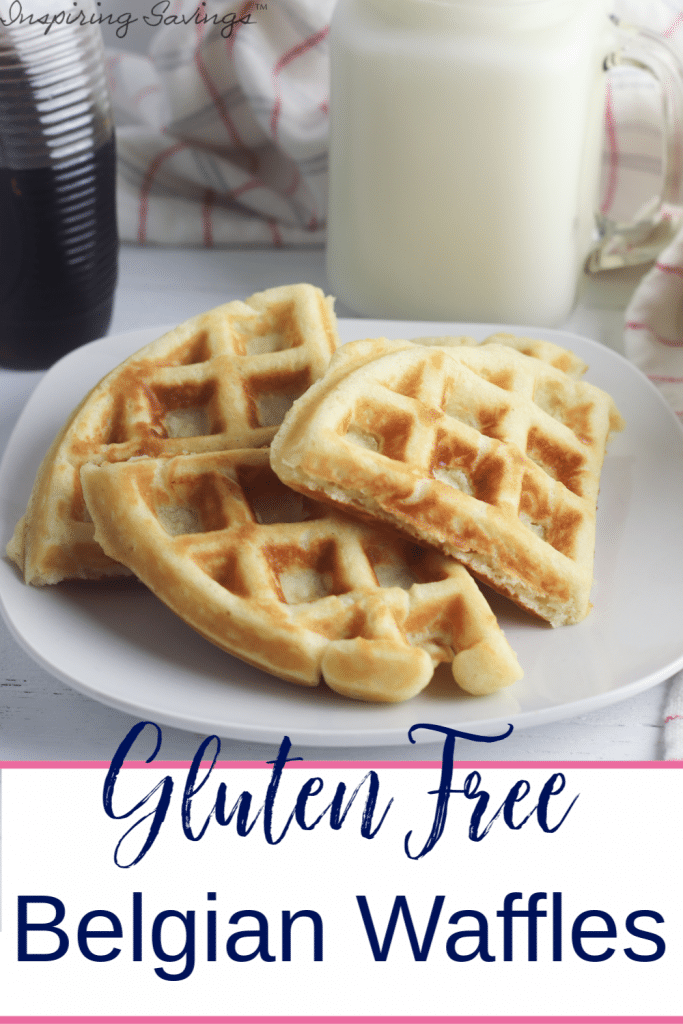 Gluten Free Homemade Belgian Waffles on white plate with a glass of milk