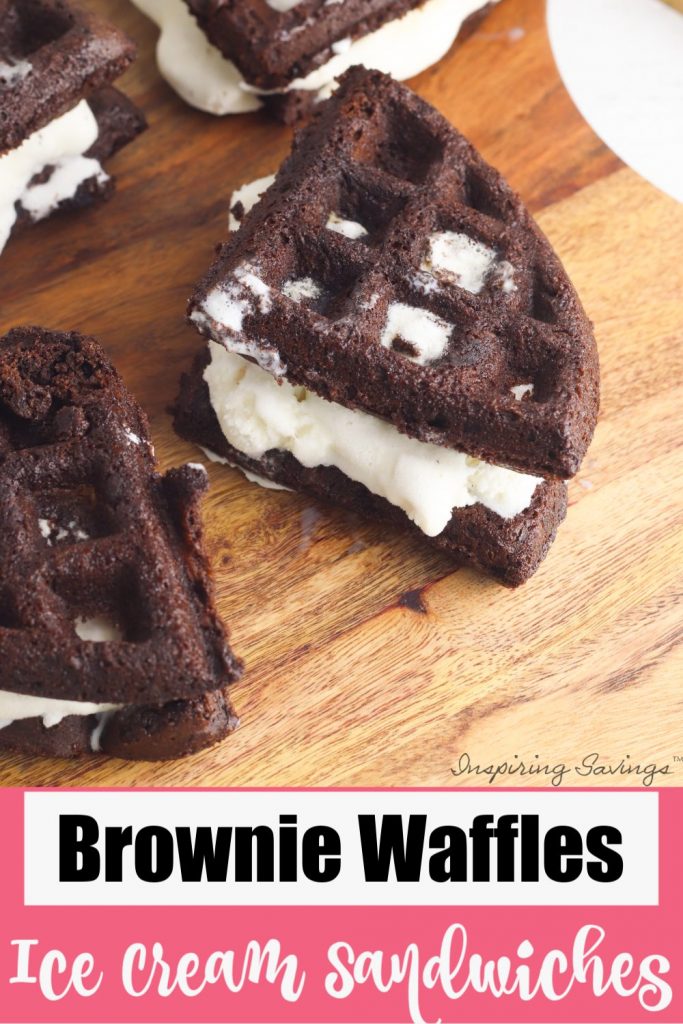 Brownie Waffle Ice Cream Sandwiches on brown cutting board