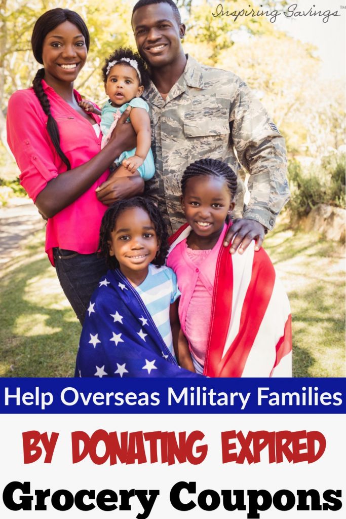 Military family standing together with text overlay - how to donate coupons to military families.