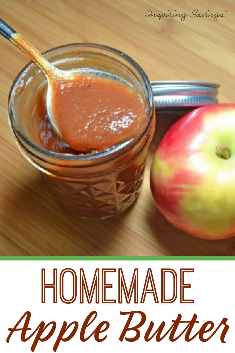 Easy Homemade Apple Butter in small jar on countertop with metal spoon