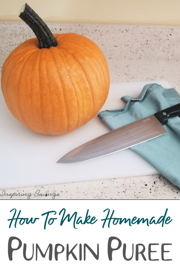 Pumpkin Puree - how to make - pumpkin on cutting board with knife