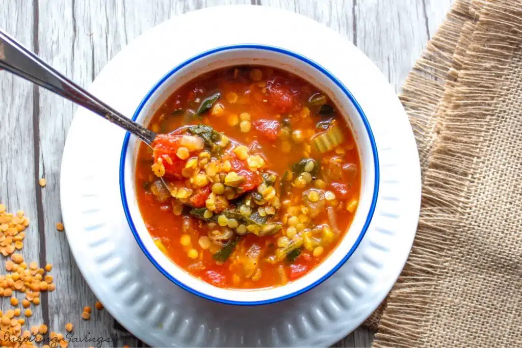 Homemade vegetable lentil soup in bowl