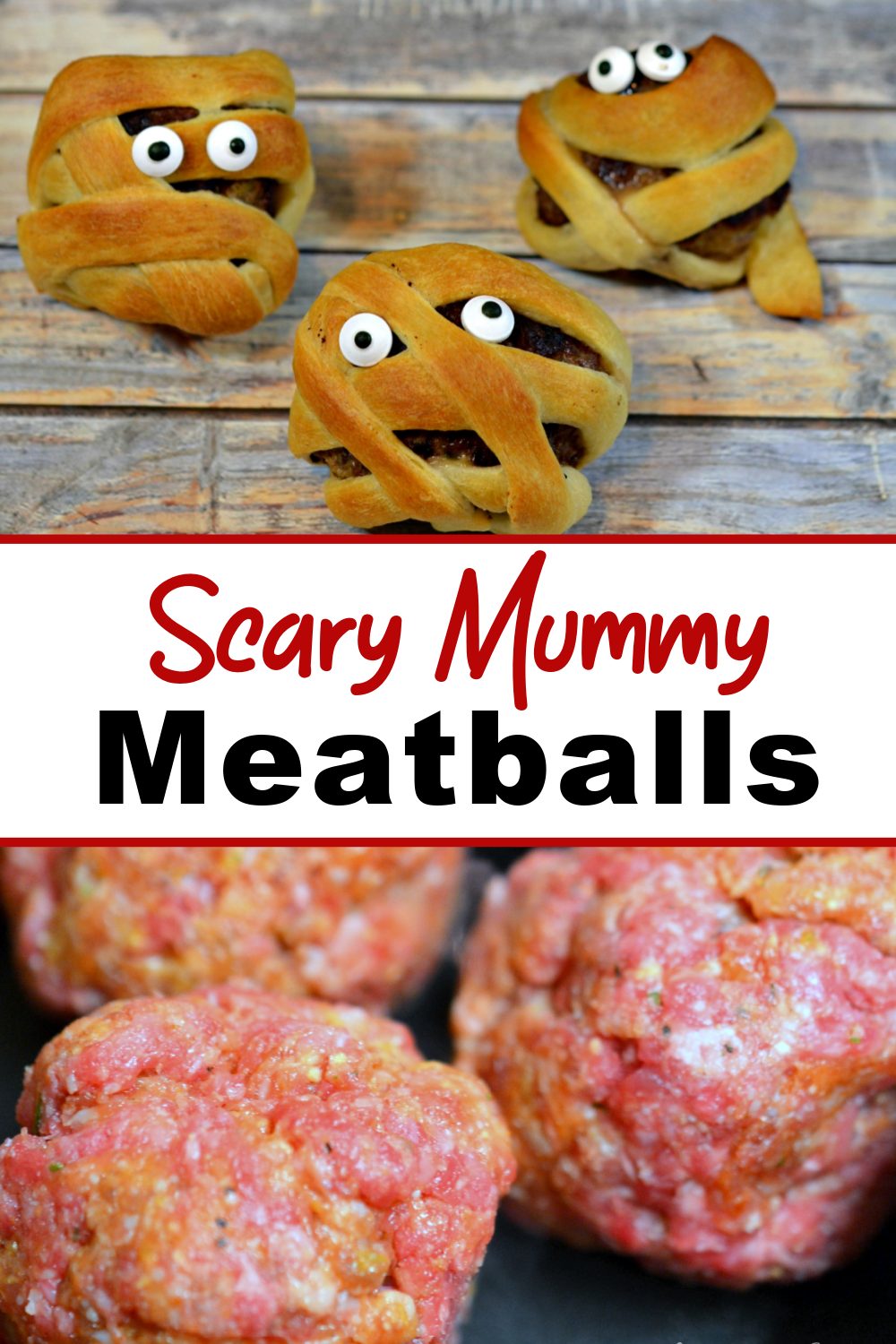 Three mummy meatballs with googly eyes for party