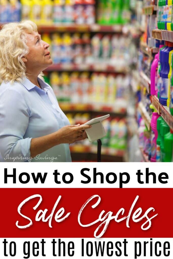 woman shopping in grocery store, checking prices and sale items