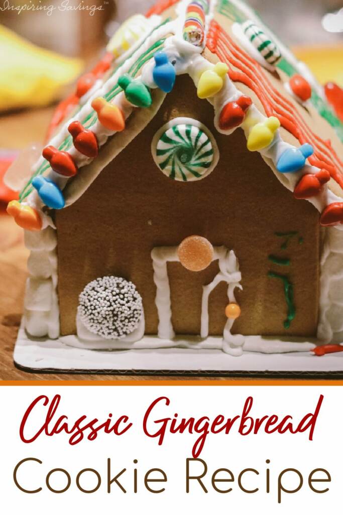 Classic Gingerbread House Cookie house with text overlay - gingerbread cookie recipe