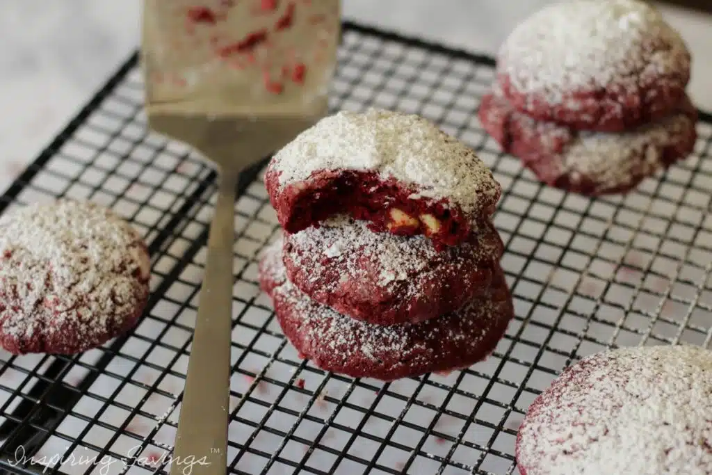 red velvet white chocolate chip cookies cooling off
