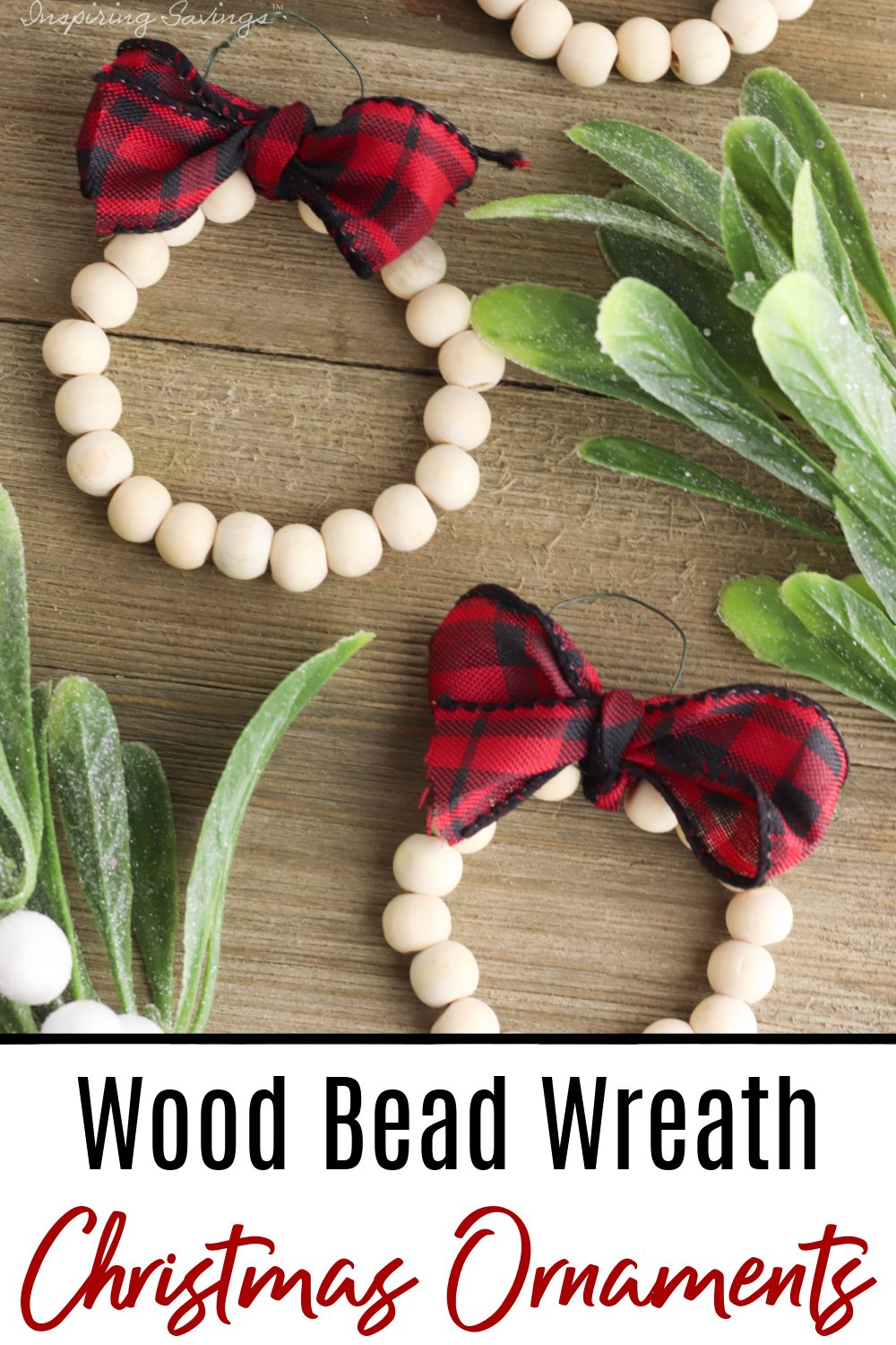 Adorable wood bead Wreath Christmas Ornaments on wooden background with greenery