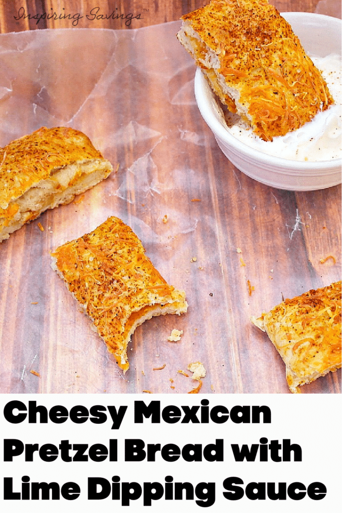 Slices of Cheesy Mexican Pretzel Bread with Lime dipping sauce in small bowl