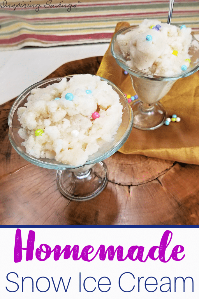 Homemade Snow Ice Cream in glass bowls with text overlay
