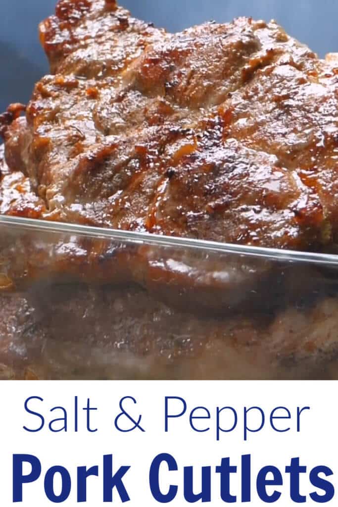 Salt and pepper pork cutlets main dish in classic bowl with text overlay - how to make salt and pepper pork chops
