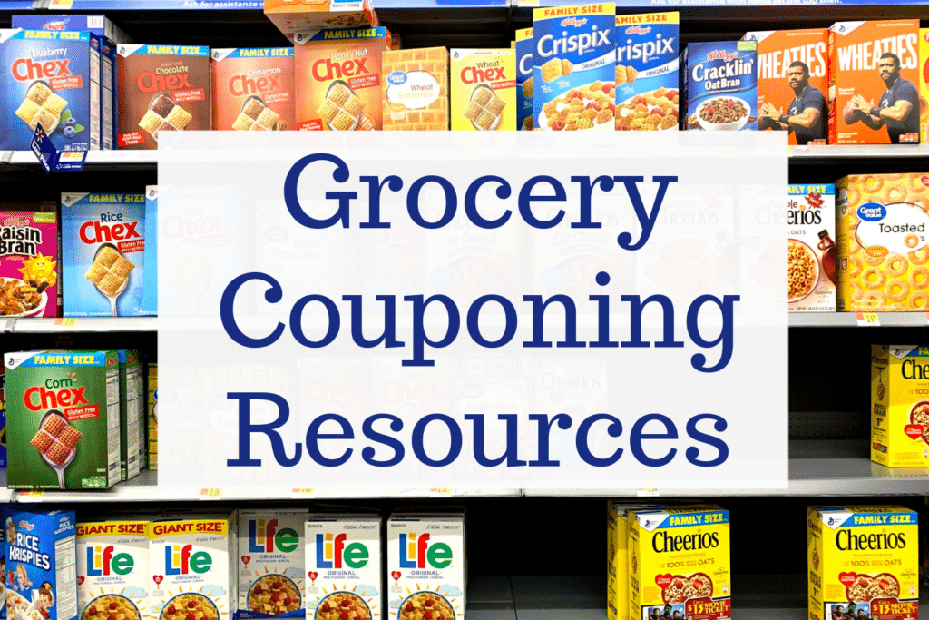 Boxes of cereal on shelf with text overlay - Grocery Couponing Resources