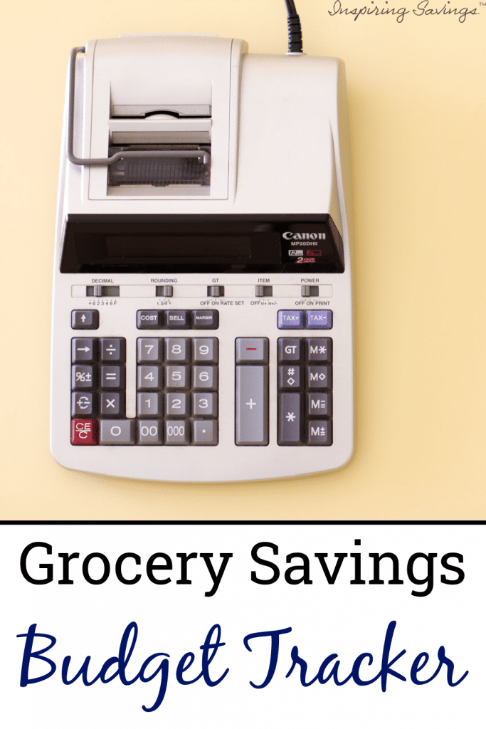 calculator on yellow background with text overlay "Grocery savings budget tracker"