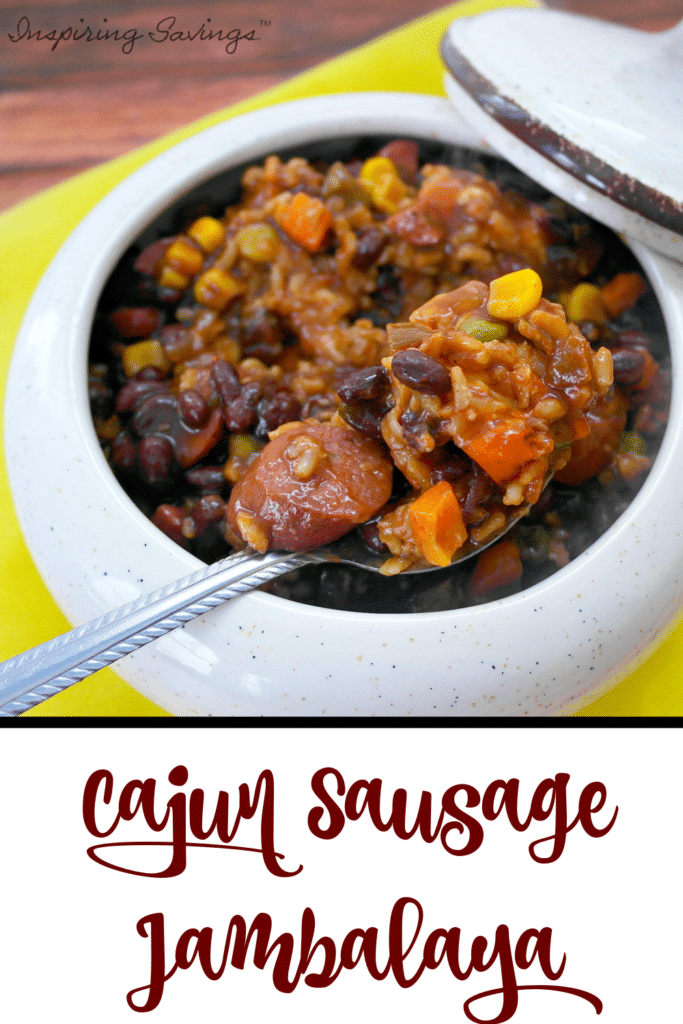 Easy Cajun Sausage Jambalaya in white crock dish