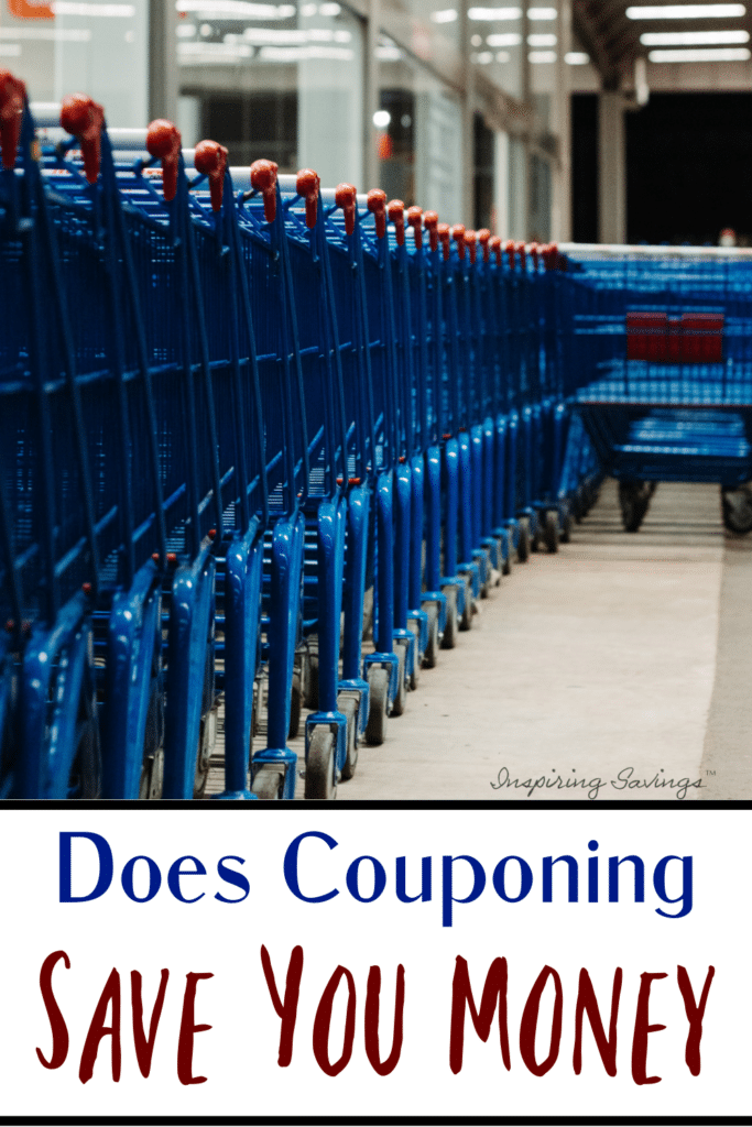 rows of blue grocery carts in from of store with text overlay - Does couponing save you money