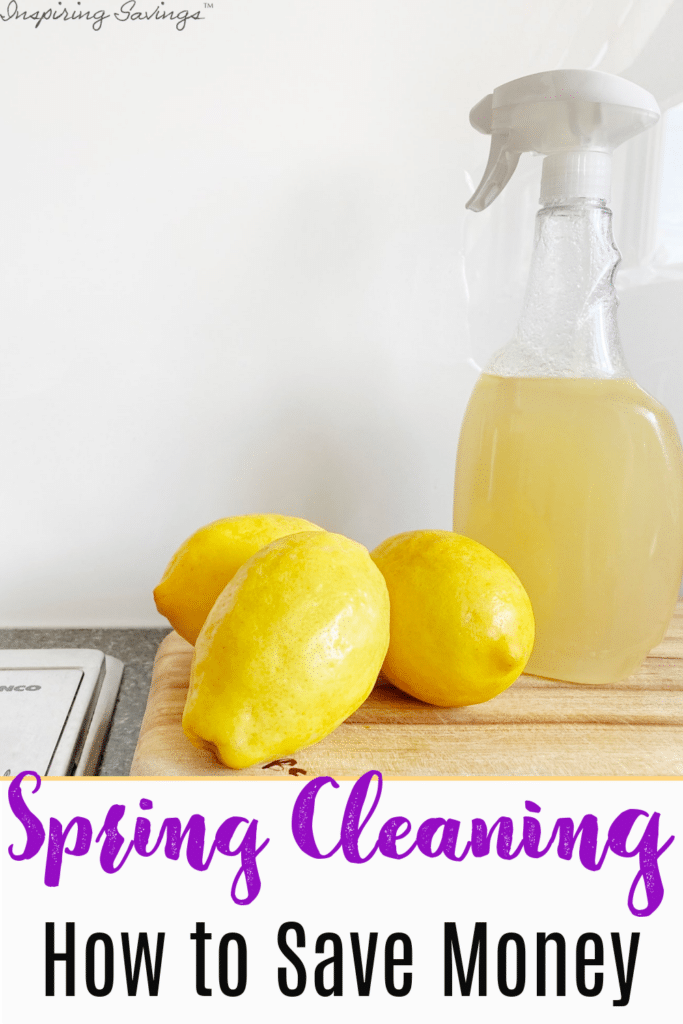 Cleaning products on countertop with text overlay "how to save money on spring cleaning"