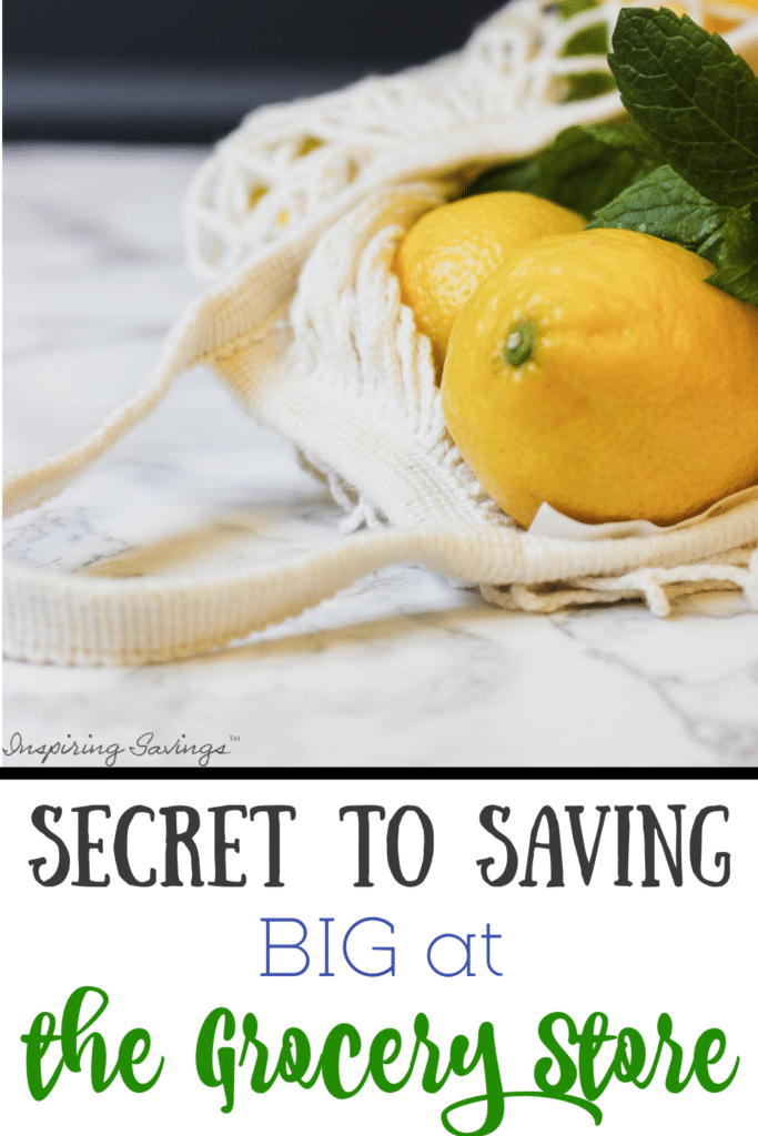 Grocery bag filled with fresh produce with text overlay - the secret to saving big at the grocery store is not the couponing