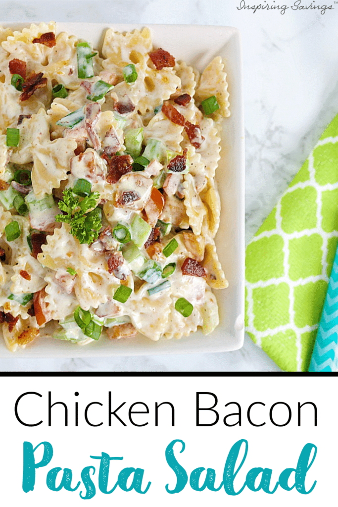 Chicken Bacon Pasta Salad in White plate with a green napkin