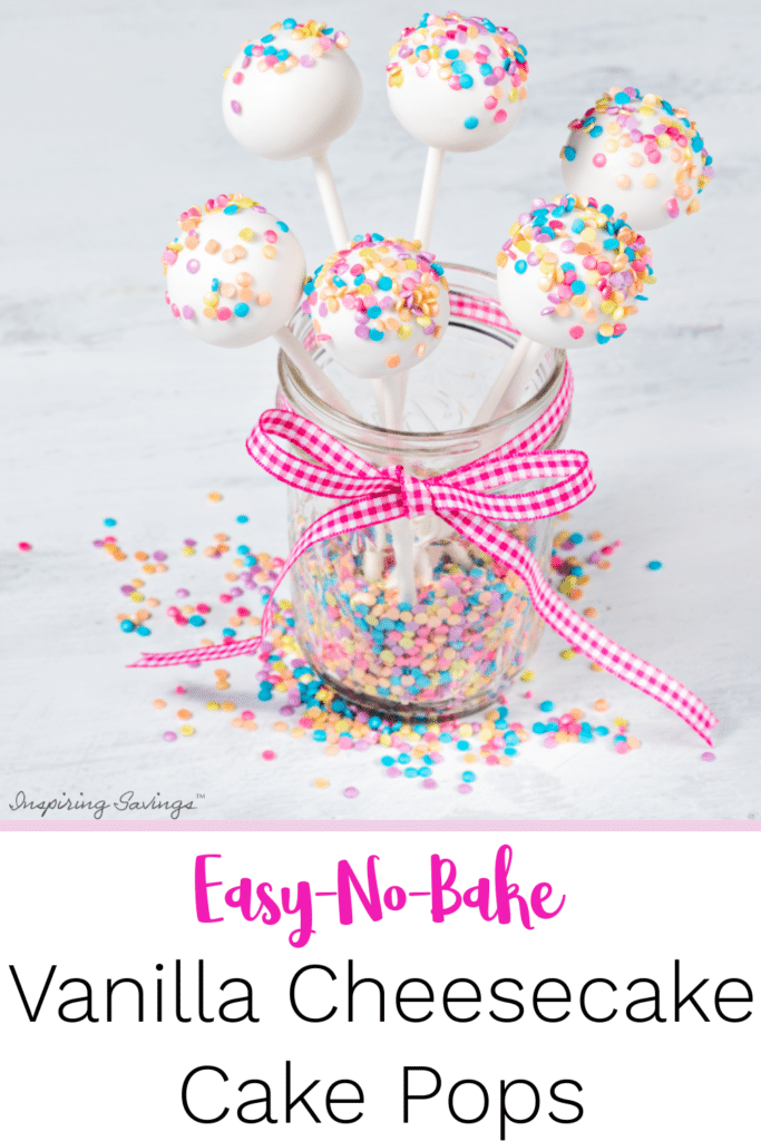 Vanilla Cheesecake cake pops in mason jar with red ribbon - with recipe text overlay