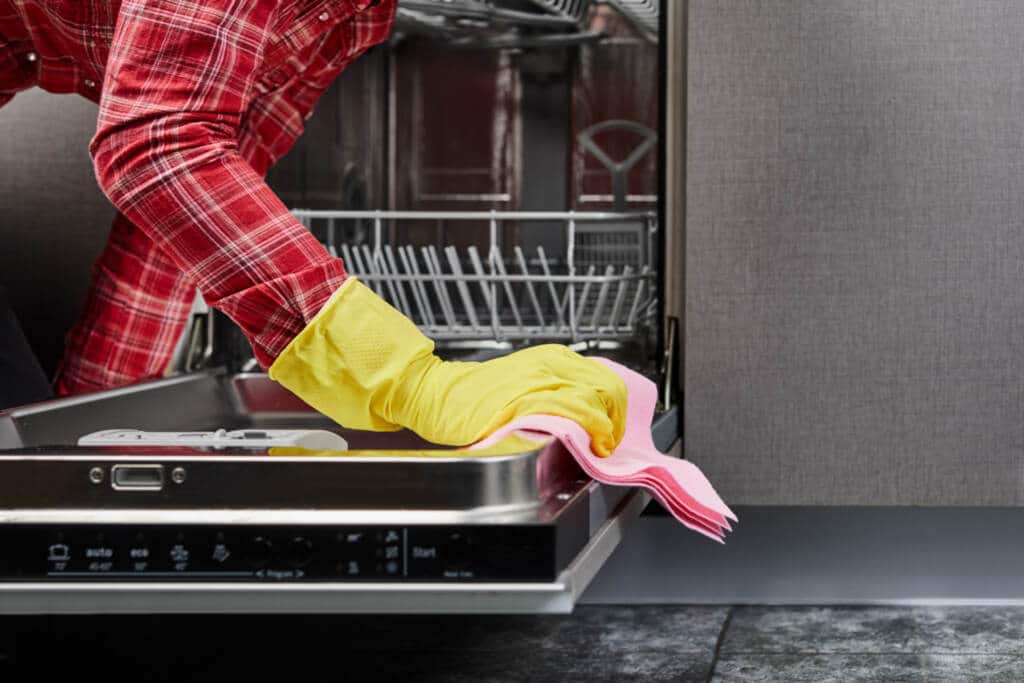 Wiping down the inside of dishwasher  - DIY Guide to Deep cleaning your dishwasher