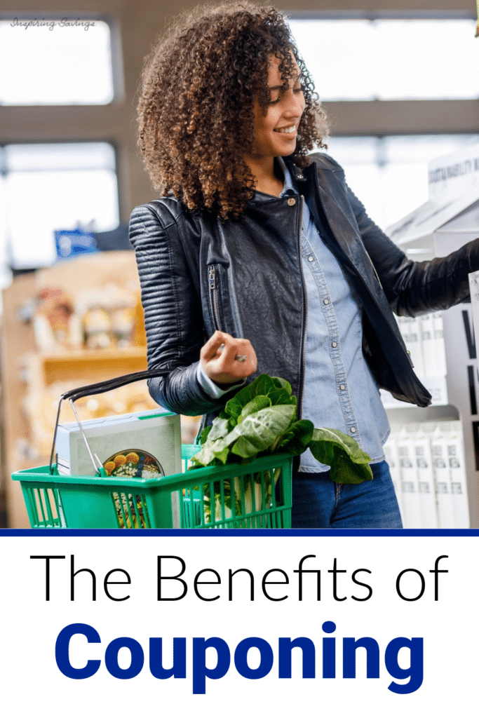 Woman shopping in grocery store with basket in hand.