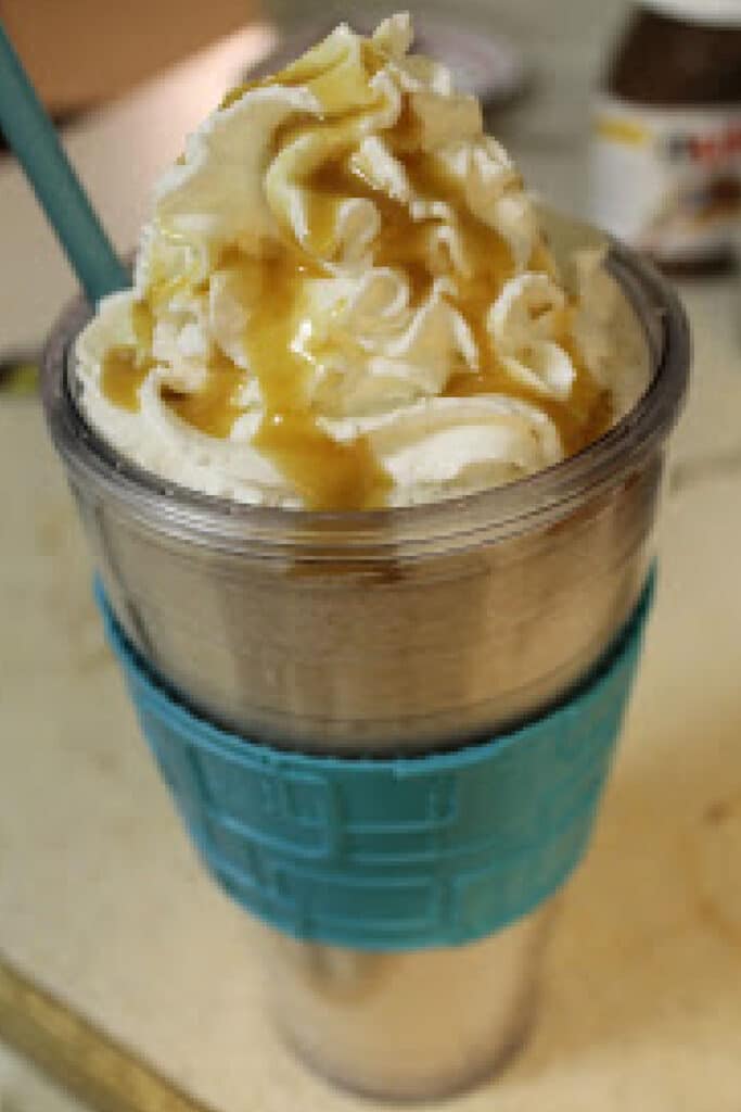 Caramel Frappe in travel mug