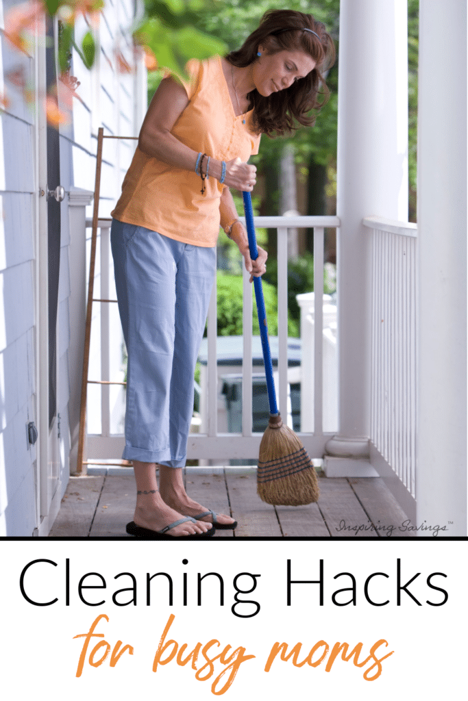 Woman sweeping outside on front porch - cleaning hacks