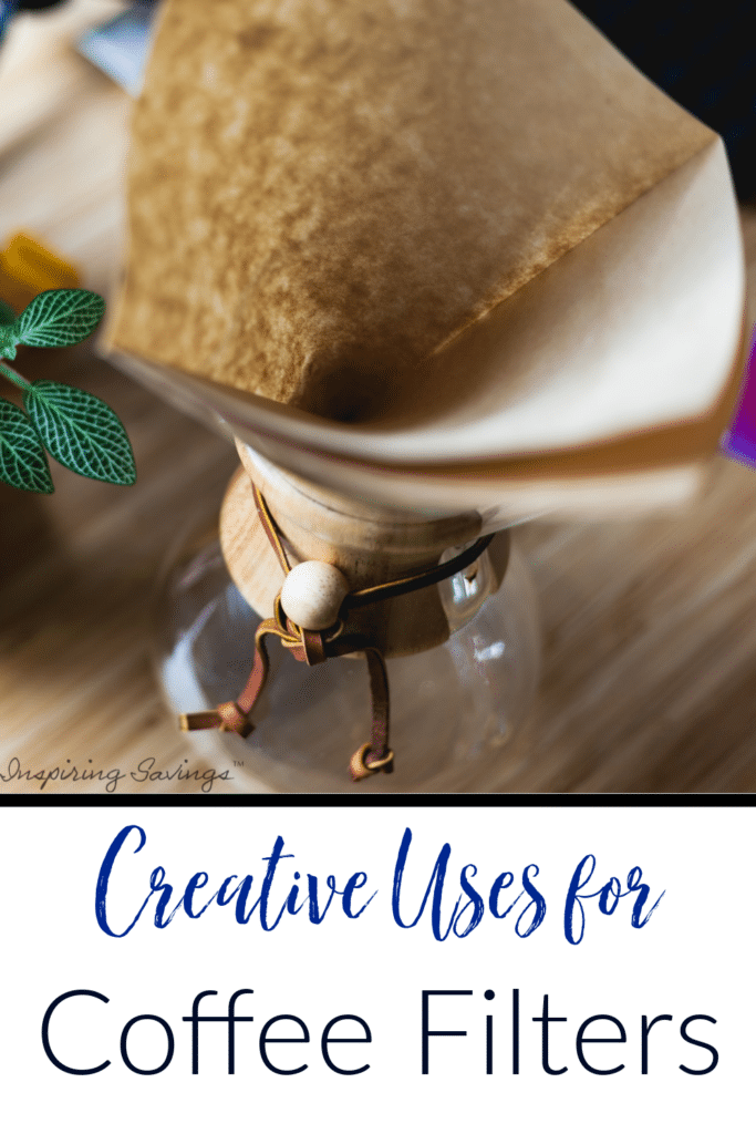 pour over coffee with pictured coffee filter - text overlay - create ways to use old coffee filters for other uses