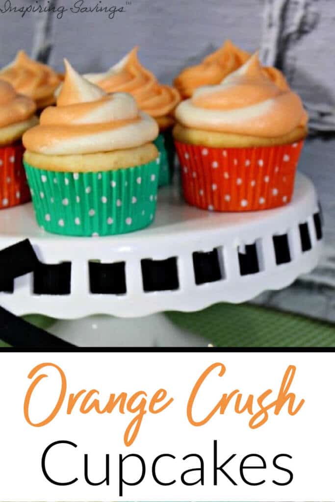 Orange Crush soda Cupcakes with whipped orange frosting on cake platter