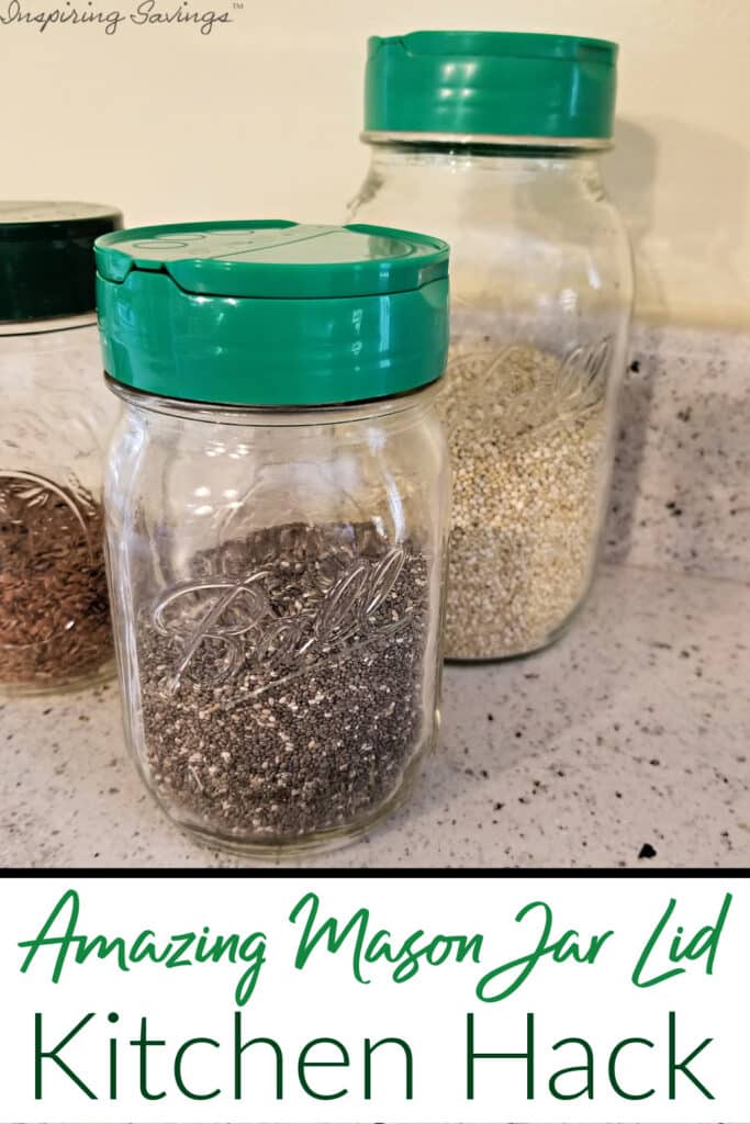 Pictured three clear mason jars, with new green top lids - kitchen hacks