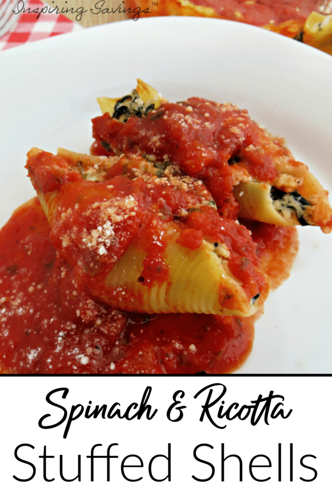 Stuffed shells with red sauce in deep dish bowl ready for serving - with text overlay "Spinach & Ricotta Stuffed Shells"