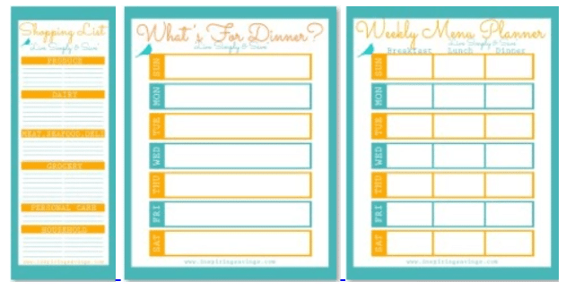 Free menu planning printables by Inspiring Savings blog