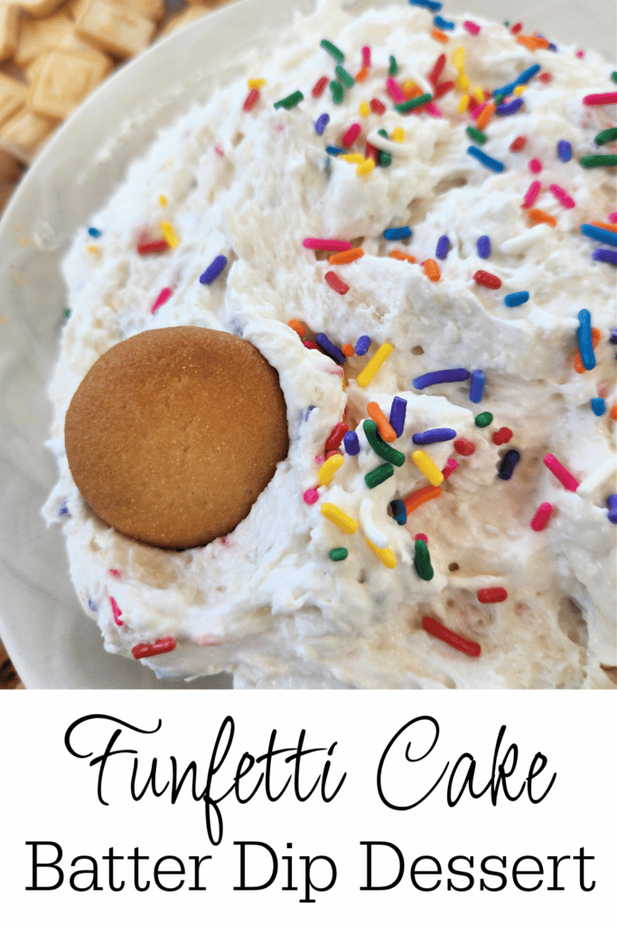funfetti cake batter dip dessert with vanilla wafers in white serving bowl